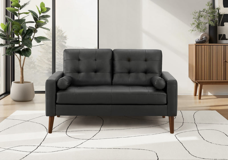 Causeuse Rembourre, 58\" L, Aspect Cuir Noir, Pieds En Bois De Noyer, Mid Century, Moderne
