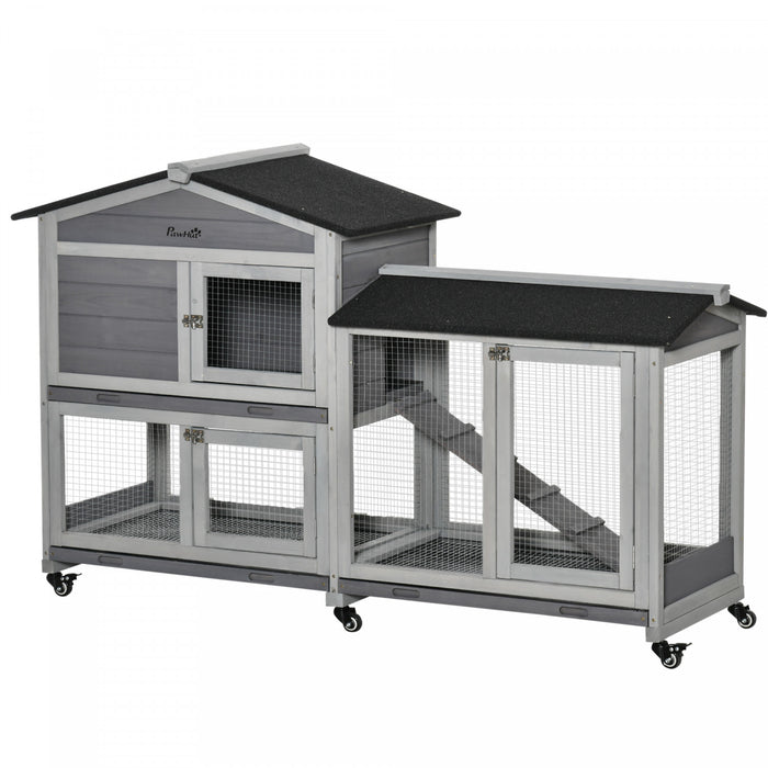 Pawhut Nichoir A Lapin En Bois De 62\", Cage A Lapin, Enclos A Roulettes, Bac Anti-fuite Et Rampe Pour Petits Animaux, Interieur/exterieur, Gris Clair