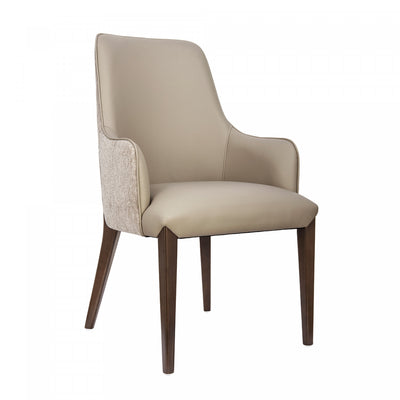 Belmont Contemporary Chenille and Faux Leather Wood Upholstered Armchair in Taupe | Fauteuil contemporain Belmont en chenille et similicuir avec structure en bois, rembourre, coloris taupe
