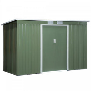 Outsunny 9ft X 4.25ft Abri De Jardin En Acier Ondule Remise A Outils Pour Equipement D'exterieur Avec Event, Fondation Et Double Porte Vert Clair