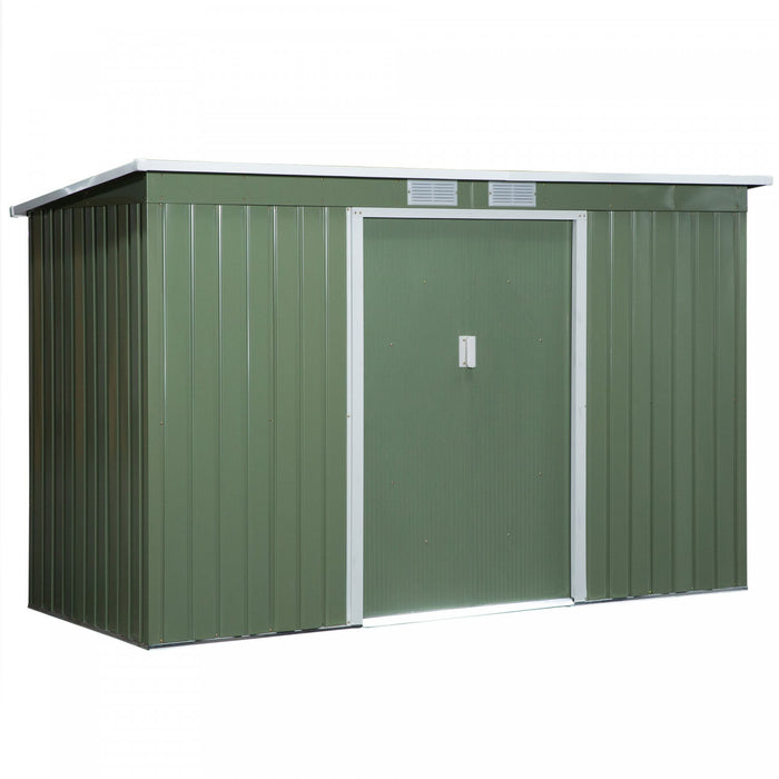 Outsunny 9ft X 4.25ft Abri De Jardin En Acier Ondule Remise A Outils Pour Equipement D'exterieur Avec Event, Fondation Et Double Porte Vert Clair