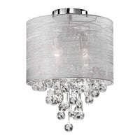 Plafonnier affleuré Tahnee de Dainolite en cristal, avec abat-jour en organza argenté et gris, fini chromé poli et 2 ampoules