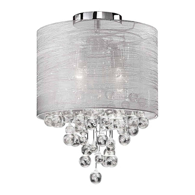 Dainolite Tahnee 2 Light Crystal Flush Mount Polished Chrome Silver/grey Organza Shade Lamp|Plafonnier affleuré Tahnee de Dainolite en cristal, avec abat-jour en organza argenté et gris, fini chromé poli et 2 ampoules