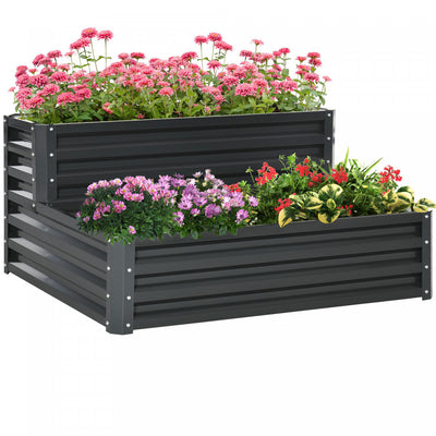 Outsunny 2 Tier Raised Garden Bed, 47" X 40" X 23'' Galvanized Steel Planter Box For Vegetables, Flo|Outsunny Lit De Jardin Sureleve A 2 Etages En Acier Galvanise, Gris Fonce
