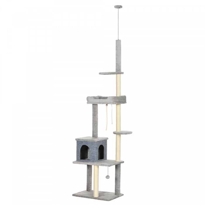 Pawhut Arbre A Chat Du Sol Au Plafond Hauteur Reglable Avec Des Griffoirs Loit Condo Jeux, 7.2 - 8.5 Pi, Gris