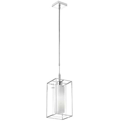 Dainolite Cubo 1 Light Pendant Rectangular Frame Polished Chrome Finish Frosted/Clear Glass Lamp|Luminaire suspendu Cubo de Dainolite en verre givré et transparent, avec cadre rectangulaire, fini chromé poli et 1 ampoule