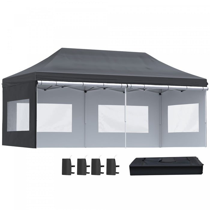 Outsunny 20' X 10' Tonnelle Gazebo Pliable Abri Tente Instantanee Avec Parois Laterales Amovibles, 4 Fenetres, 4 Sacs De Poids De Sable Et Sac De Transport, Noir