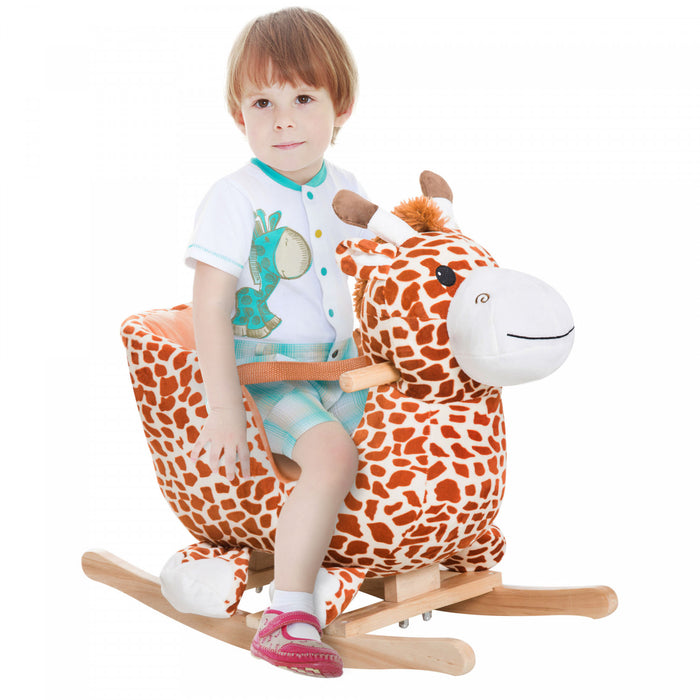 Qaba Chaise De Cheval A Bascule En Bois Pour Enfants En Peluche Pour Tout-petits Avec Ceinture Sonore Et De Securite, Theme Girafe