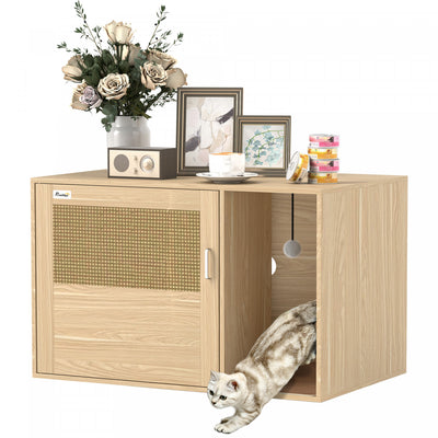 Pawhut Cat Litter Box Enclosure, Hidden Litter Box Furniture With Rattan Door, Scratching Pad, Non-slip Foot Pads, Cat Washroom End Table, 31.5" X 20" X 20", Oak