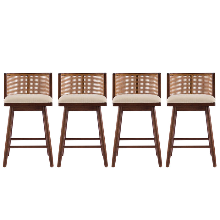Talia – Lot de 4 tabourets de bar de hauteur comptoir en bois avec dossier en rotin, finition noyer