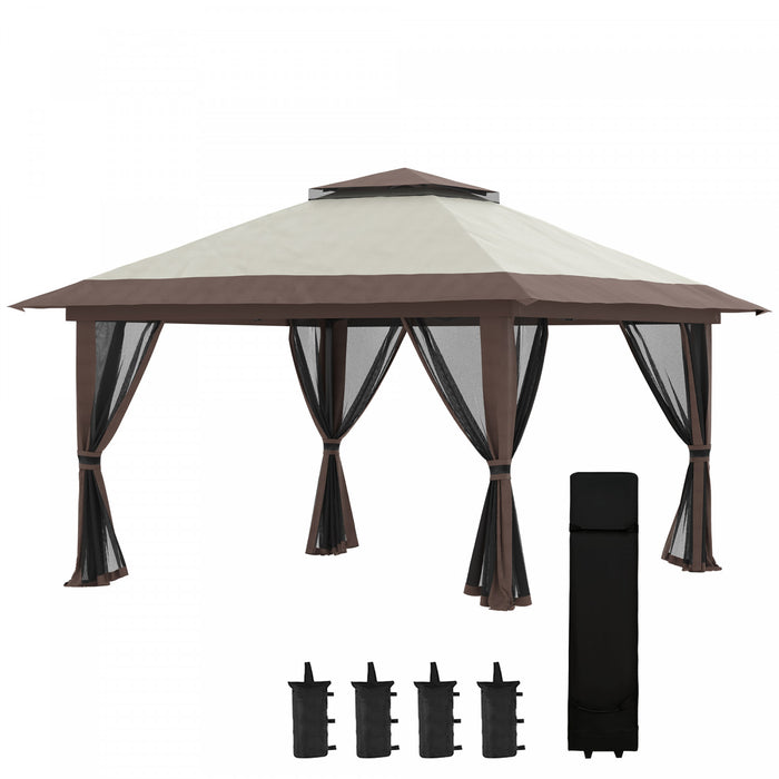Outsunny 13' X 13' Pop Up Canopy Avec Parois Laterales En Maille, Abri De Tente A Canopy Facile Avec Toit A 2 Niveaux, Sac De Transport Sur Roues, Arriere-cour, Patio, Pelouse, Beige