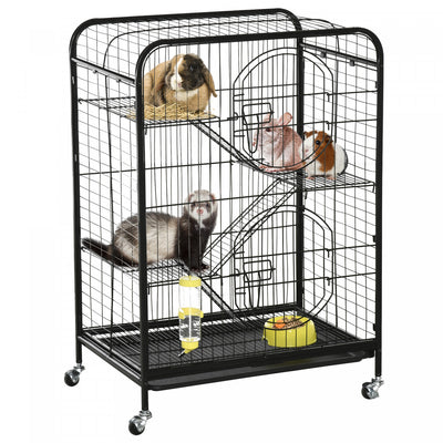 Pawhut 4-tier Metal Small Animal Cage With Wheels, Metal Bunny Playpen With 2 Doors, Platforms, Ramp|Pawhut Cage Pour Petits Animaux 37" Lapin Furet Chinchilla Avec 2 Portes Plateforme Rampe Metal Noir