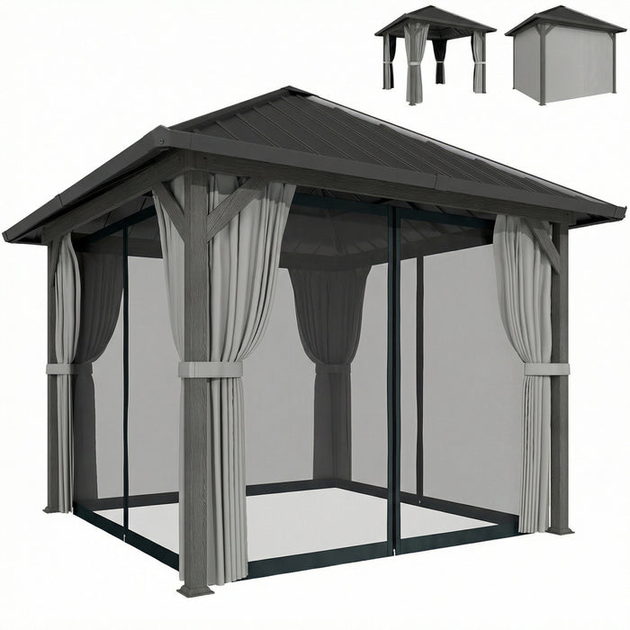Outsunny Tonnelle 3x3 m avec Toit en Acier, Rideaux et Moustiquaires Inclus