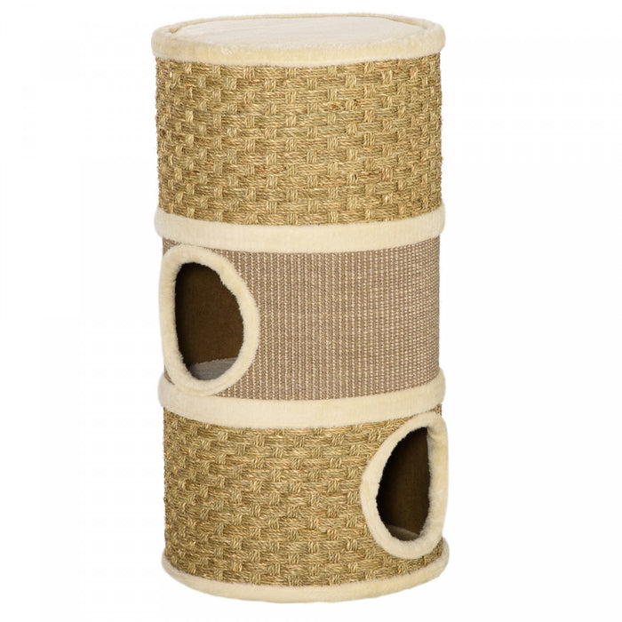 Pawhut Tour A Chat 3 Etages A Trois Trous Avec Surface De Couverture A Gratter En Sisal Et Algues, Tour A Chat Pour Chats D'interieur, 15 \"x 28\", Kaki Et Marron