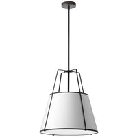 Luminaire suspendu Trapezoid de Dainolite avec abat-jour trapézoïde noir et blanc qui diffuse la lumière, tissu blanc et 3 ampoules