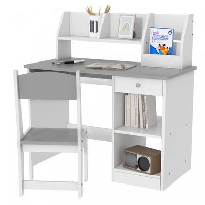 Qaba Kids Desk And Chair Set For 5-8 Year Old With Storage, Study Table And Chair For Children, Grey|Qaba Ensemble Bureau Et Chaise Pour Enfants De 5 A 8 Ans Avec Rangement, Table D'etude Et Chaise Pou