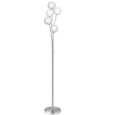 Dainolite Budding Branch 5 Light Floor Lamp Satin Chrome Finish White Glass|Lampe à pied Budding Branch de Dainolite en verre blanc, avec fini chromé satiné et 5 ampoules