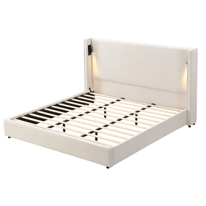 Lit Olivia Rembourre avec Tete de Lit Ailes et Ports USB, Taille King - Beige