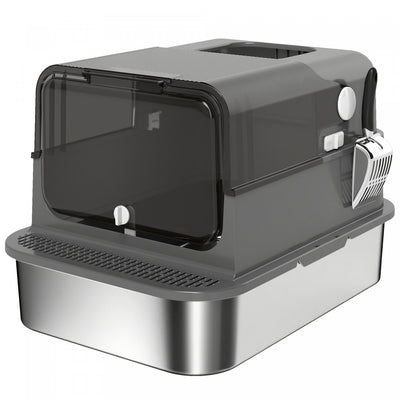 PawHut Stainless Steel Cat Litter Box with Lid, XXL Enclosed Cat Litter Box for Big Cats with High Sides, Double Doors, Scoop, Odor Control, Anti-Leaking, Easy Clean, Black