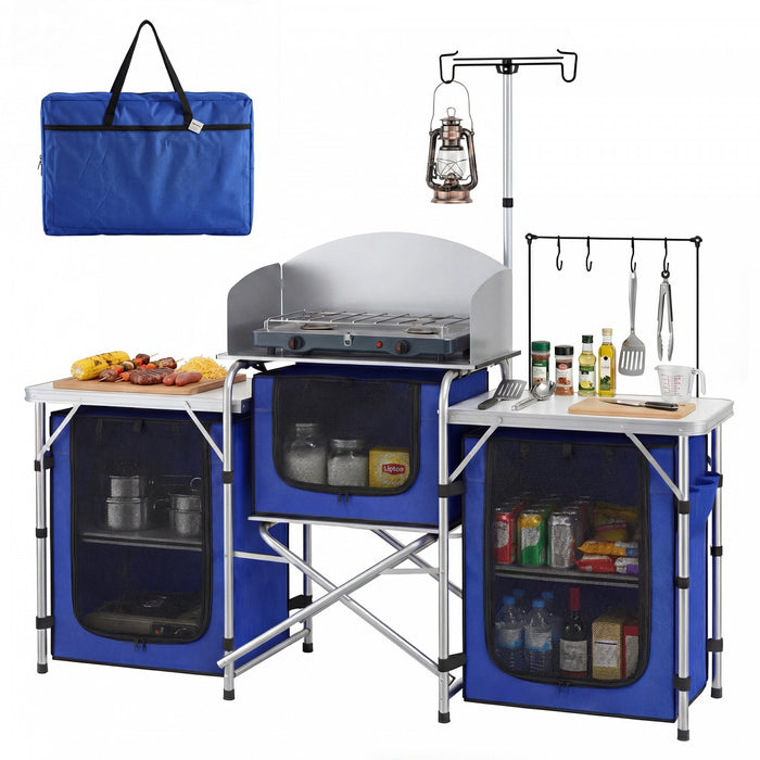 Outsunny Cuisine de camping pliante avec armoires en tissu pare-brise, bleu