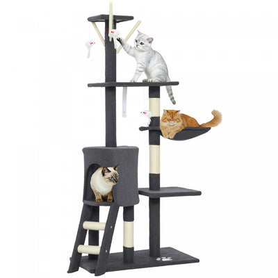PawHut Cat Tree, 53" Cat Tower for Indoor Kittens with Sisal Scratching Posts, Plush Perches, Condo, Hammock, Ladder, Dangling Toys, Multi-Level Kitty Activity Centre, Dark Grey