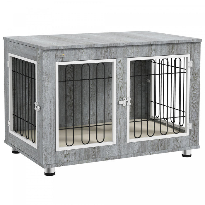 Pawhut Table D'appoint Cage Pour Animal Domestique Avec Coussin Doux, Cage A Double Porte Pour Chiens De Taille Moyenne Et Grande, Niche En Fil De Bois Pour Usage Interieur, Gris