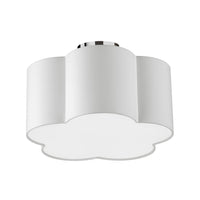 Petit plafonnier affleuré Phlox de Dainolite avec abat-jour blanc, fini chromé poli et 3 ampoules