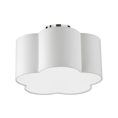 Dainolite Phlox 3 Light Flush Mount Small Polished Chrome White Shade Lamp|Petit plafonnier affleuré Phlox de Dainolite avec abat-jour blanc, fini chromé poli et 3 ampoules