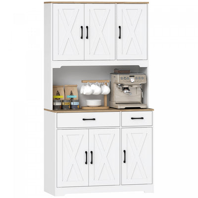 HOMCOM Kitchen Pantry, 6 Doors, 2 Drawers, Rustic Kitchen Cabinet White