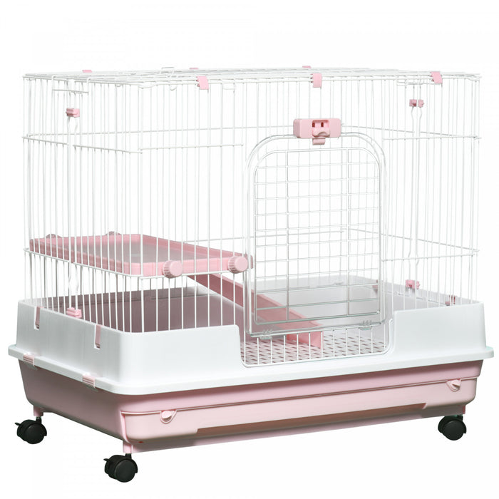 Pawhut Clapier A Lapin A 2 Niveaux Avec Roulettes, Plateau Amovible, Plateforme Et Rampe Pour Lapin, Chinchillas, Furet, Rose