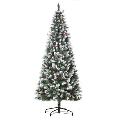 Homcom Flocked Pencil Christmas Tree With Red Berries, Pine Cones, Green|Homcom Sapin De Noel Floque Avec Baies Rouges, Pommes De Pin, Vert