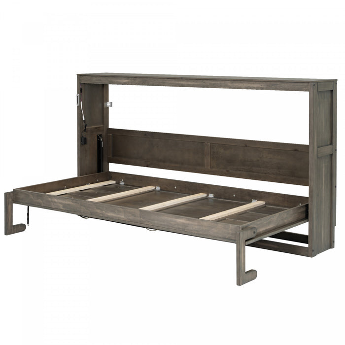 Lit escamotable Olivia en bois massif avec lumiere LED et armoire pliante, taille simple, marron