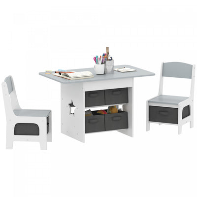 Qaba 3 Piece Kids Table and Chair Set, Toddler Table and Chairs Set with 6 Removable Drawers, for Ages 3-8, for Classroom, Living Room, Bedroom, Nursery, Playroom, Light Grey