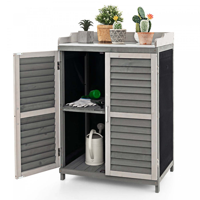 Etabli D’exterieur Avec Dessus Spacieux Galvanise Et Etagere A 2 Niveaux, Abri De Jardin Avec Porte Laterale Enroulable Et Pieds Sureleves, Pour Stocker Pelles, Arrosoirs Et Ciseaux, Gris