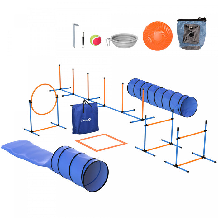 PawHut Ensemble d'Equipement d'Agilite pour Chiens 11 Pieces avec 2 Tunnels, Sauts et Anneau Reglables, Piquets de Slalom, Parcours d'Obstacles avec Sac de Transport