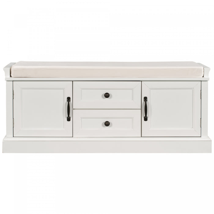 Banc De Rangement Boyce En Bois Massif Avec Meuble A Chaussures 4 Portes Et Coussin, Blanc