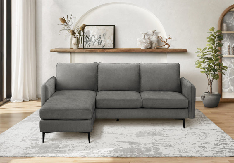 Sofa Chaise Longue Rembourre, 85\" De Large, Tissu Gris, Pieds En Metal Noir