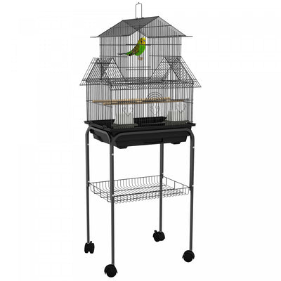 Pawhut 48" Bird Cage For Finches, Canaries, Budgies, Indoor Parrot Cage With Perch, Swing, Food Container, Slide-out Tray, Handle, Stand, Bottom Shelf, Black