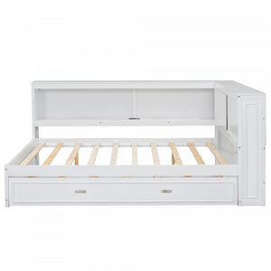 Diana – Lit De Jour Double En Bois Avec Etageres De Rangement, Ports Usb Et Eclairage Del, Blanc