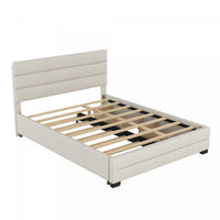 Sophie – Lit Plateforme Rembourre En Tissu Aspect Lin Avec Lit Gigogne Et Tiroirs De Rangement, Format Grand - Beige