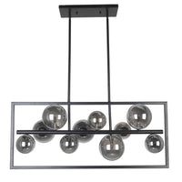 Luminaire suspendu horizontal Glasgow de Dainolite en verre fumé, avec cadre carré, fini noir mat et 10 ampoules