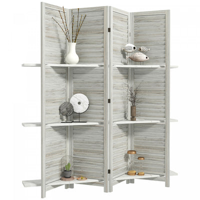 Homcom 4-panel Privacy Screen With Storage Shelf Foldable Distressed White|Homcom Ecran De Confidentialite A 4 Panneaux Avec Etagere, Blanc Vieilli