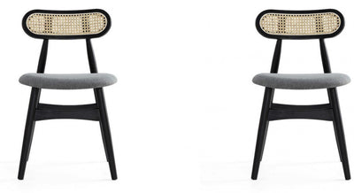 Manhattan Comfort Set of 2 Colbert Grey Upholstered Dining Chairs - Black & Cane|Ensemble 2 chaises de salle à manger Colbert de Manhattan Comfort avec revêtement gris - noir et cannage