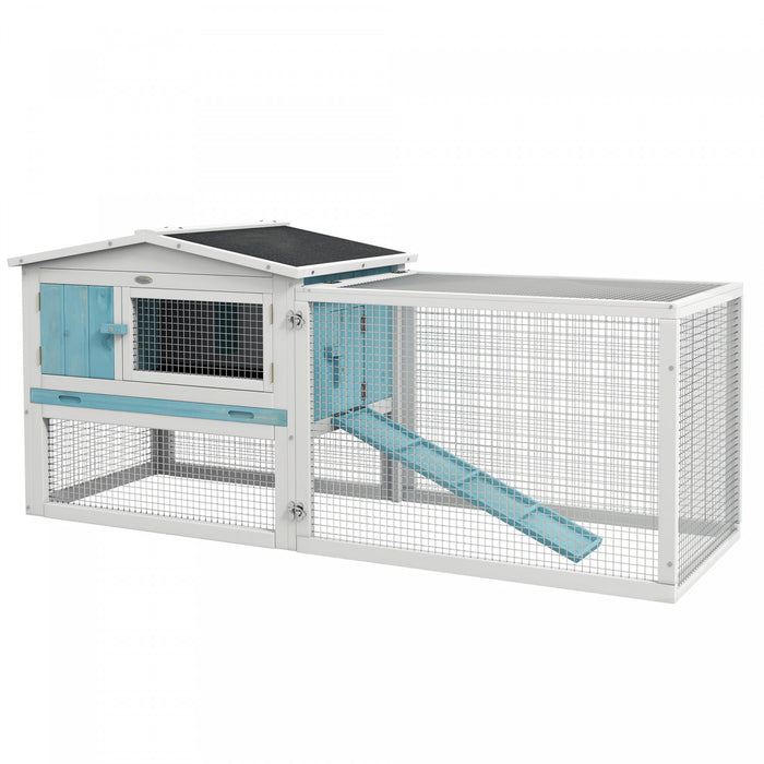 Pawhut Clapier D'exterieur A 2 Niveaux, Grande Cage A Lapins En Bois De 62 Po Avec Toit Resistant Aux Intemperies, Plateau Amovible, Portes, Fenetres Et Rampe, Bleu Clair