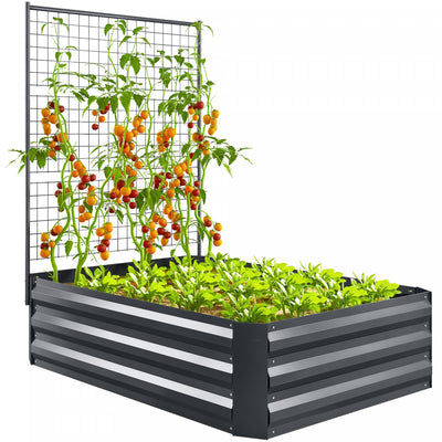 Outsunny Galvanized Raised Garden Bed with Trellis, Open Bottom, Dark Grey