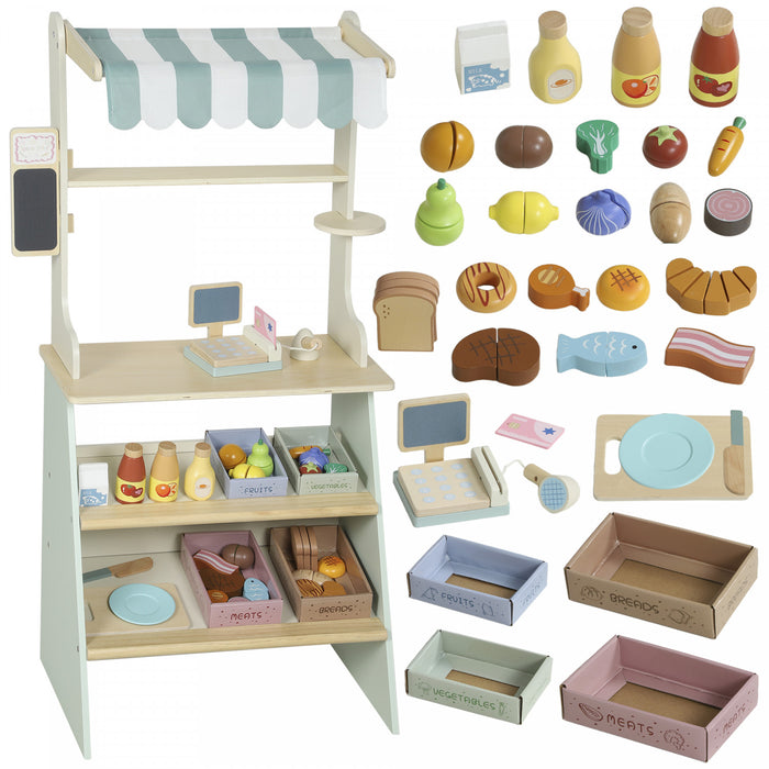 Epicerie pour enfants Qaba, supermarche avec caisse enregistreuse, tableau noir et accessoires varies, etal de marche pour enfants, cadeau pour tout-petits garcons et filles, vert
