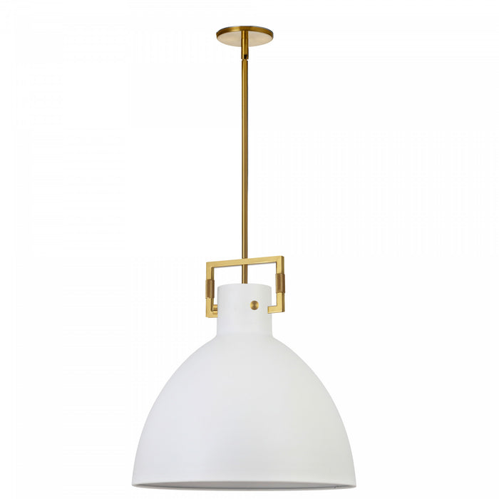 Luminaire suspendu de Dainolite avec abat-jour en métal blanc mat, fini laiton vieilli et 1 ampoule incandescente