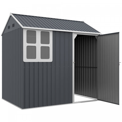 Outsunny 7' X 5.5' Metal Garden Storage Shed With Lockable Door Dark Grey|Outsunny Abri De Jardin En Metal 7' X 5,5', Porte Verrouillable. Gris Fonce