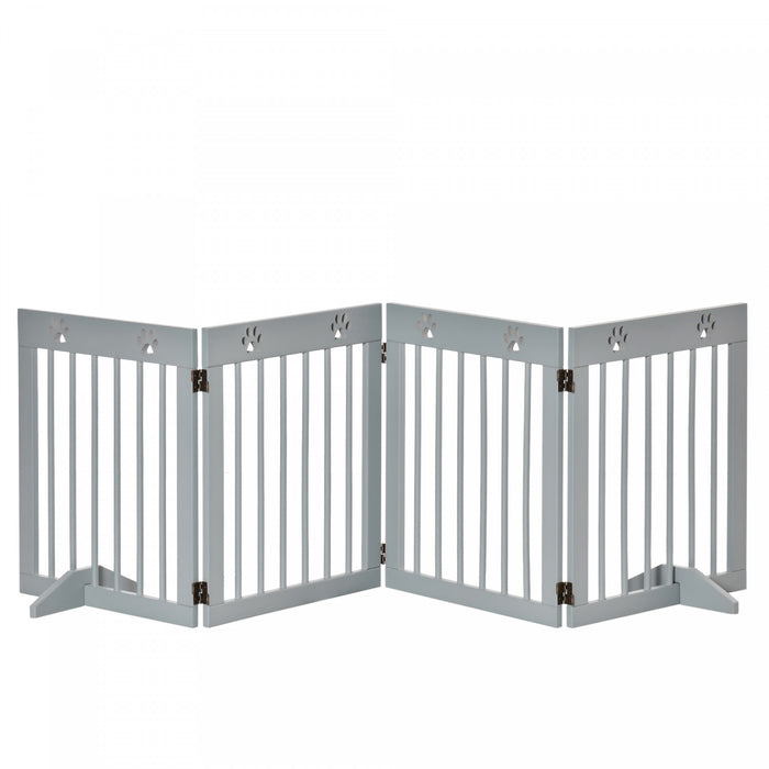Pawhut Barriere Autoportante Pour Animaux De Compagnie A 4 Panneaux En Bois, Barriere De Securite Pliable Avec Pieds De Support Jusqu'a 80,25\" De Long Et 24\" De Haut Pour Porte, Escaliers, Gris Clair