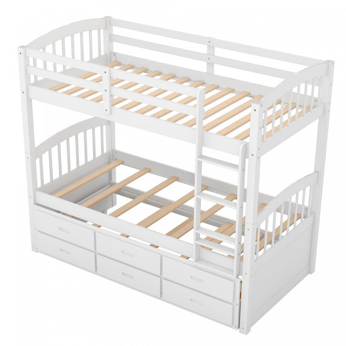 Sean – Lit Superpose Convertible En Bois Massif Avec Lit Gigogne Et Tiroirs, Format Simple, Blanc